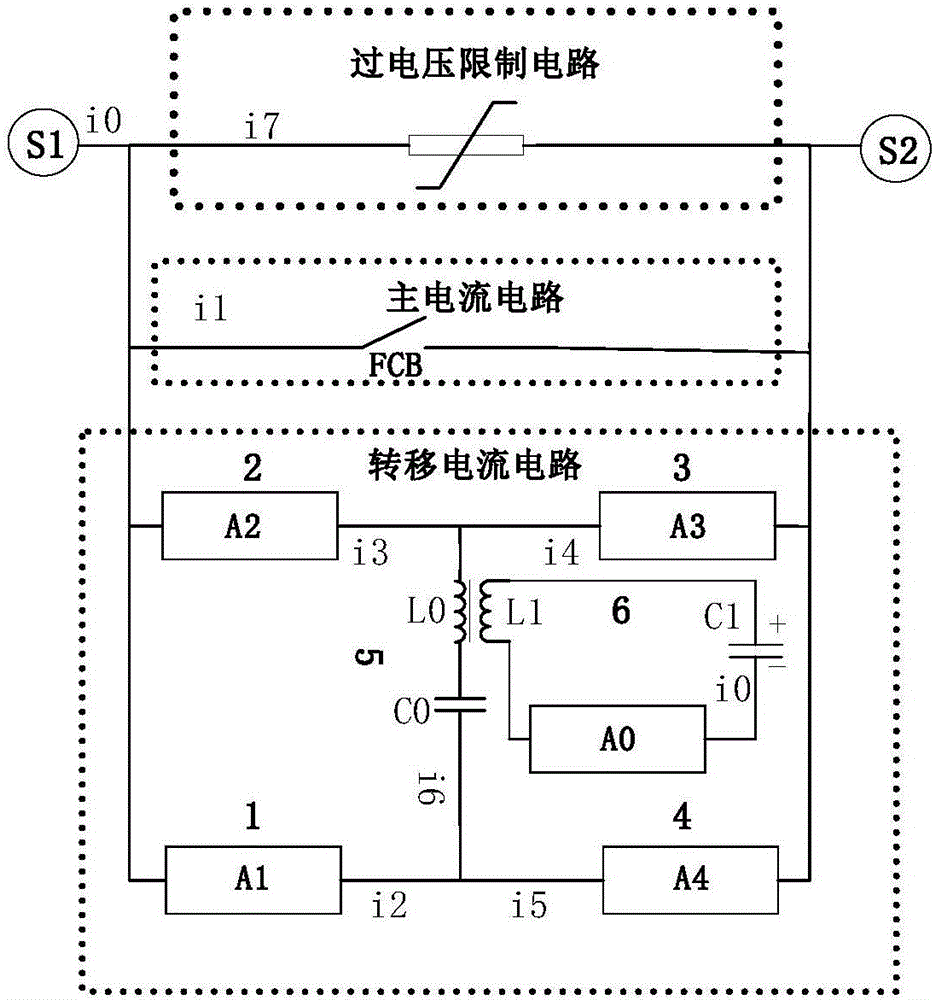 Hybrid circuit breaker possessing bridge type induction transfer structure and usage method thereof