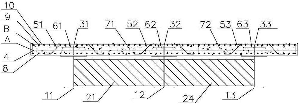 Steel-concrete partially-prefabricated composite beam structure using layered perforated plate connecting piece and manufacturing process thereof