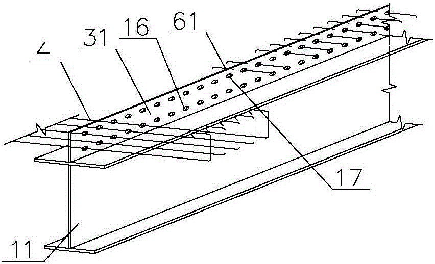 Steel-concrete partially-prefabricated composite beam structure using layered perforated plate connecting piece and manufacturing process thereof