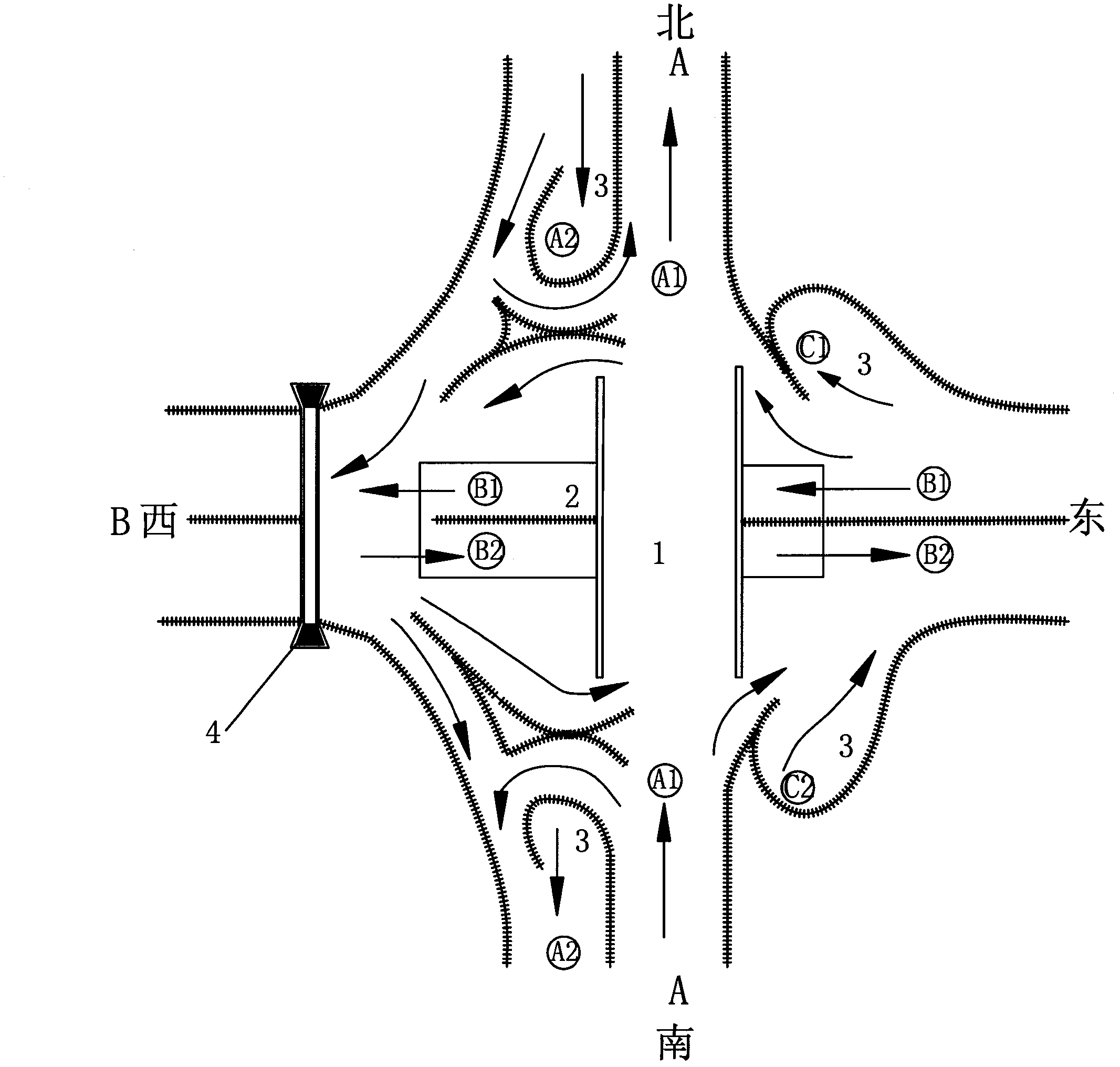 Transport hub system for concurrent free flow of sixteen directions at crossroad