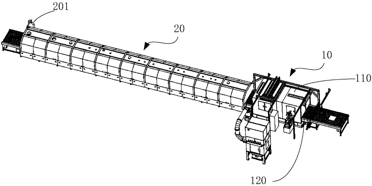 Wood workpiece powder coating device, powder coating system and powder coating method