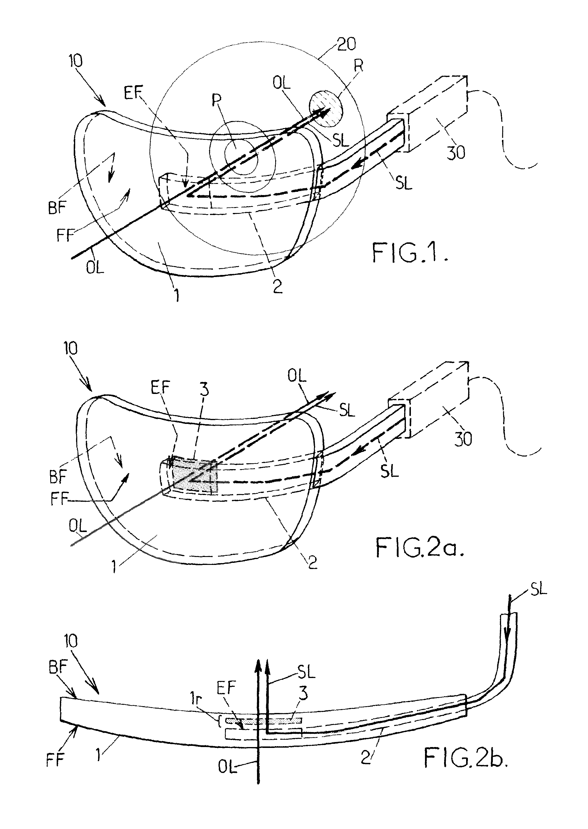 Eyeglass adapted for providing an ophthalmic vision and a supplementary vision