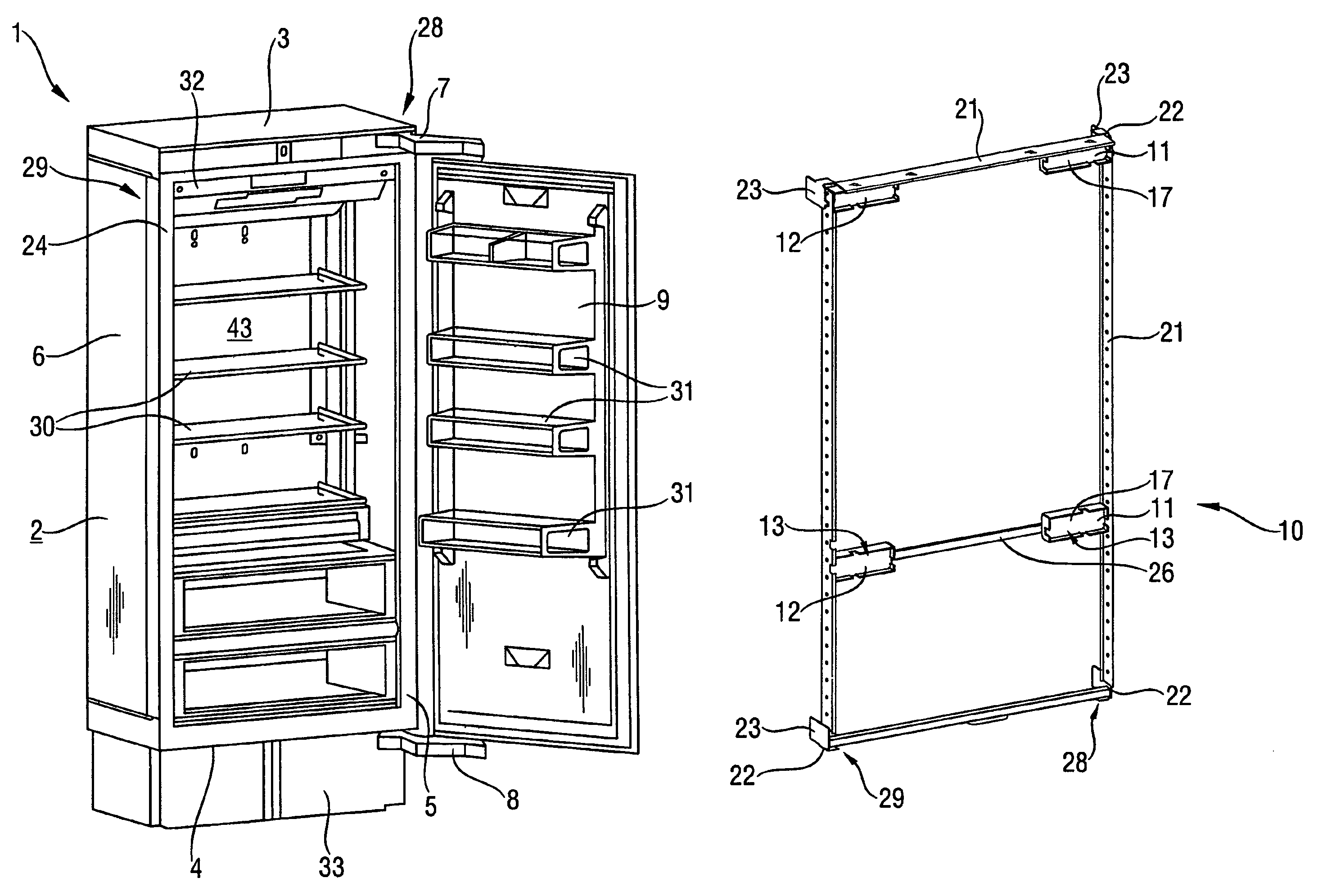 Refrigerator or freezer comprising a reinforcement frame