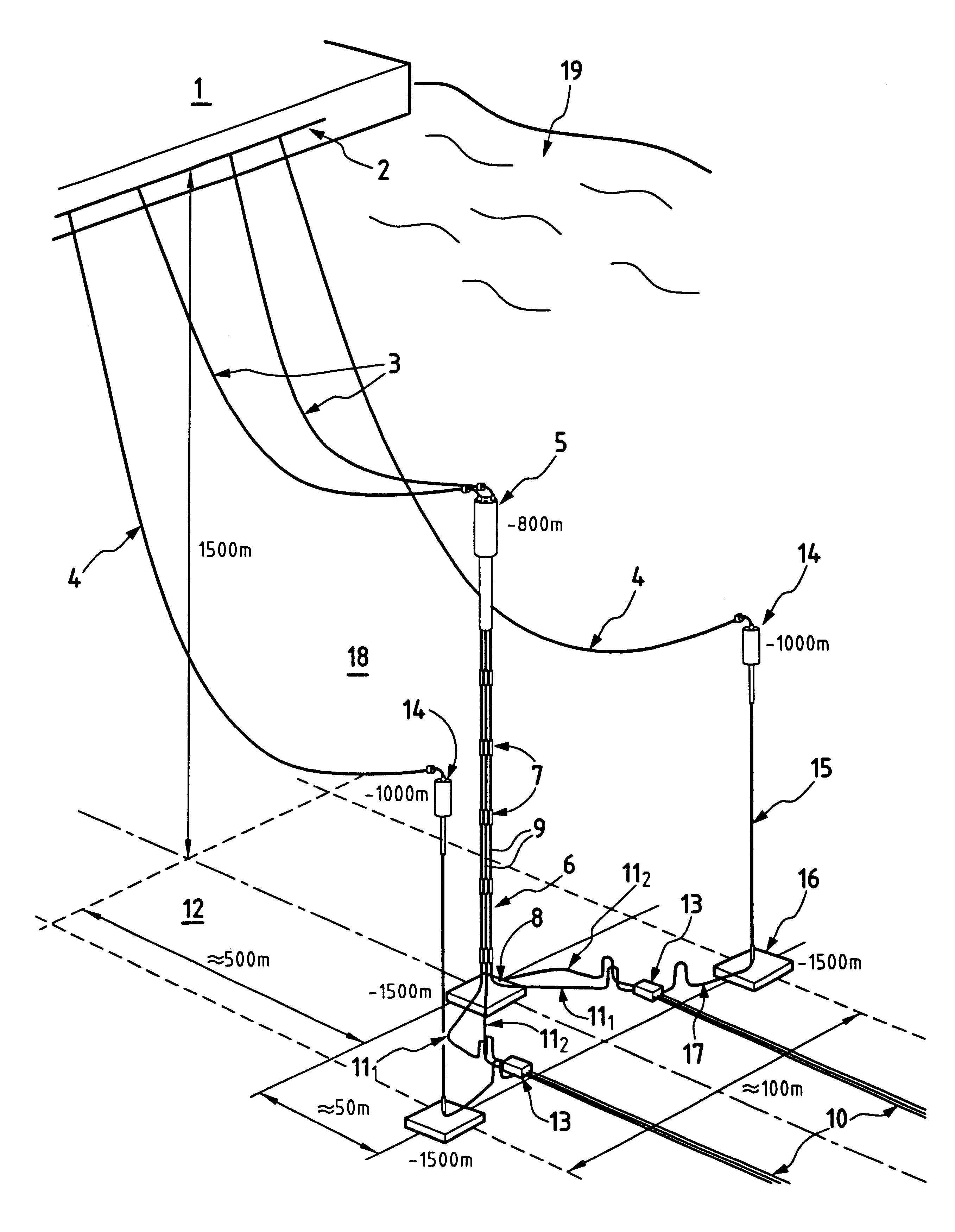 Method and device for linking surface to the seabed for a submarine pipeline installed at great depth