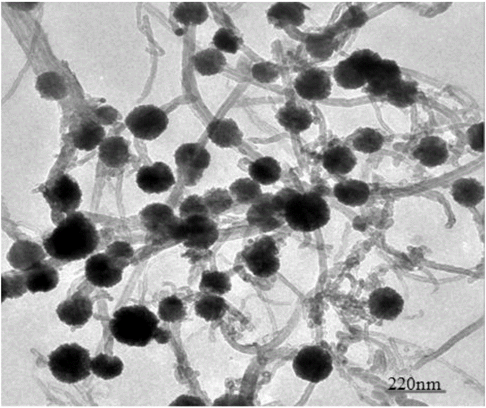 Stannic oxide modified ferroferric oxide/multiwalled carbon nanotube network composite material