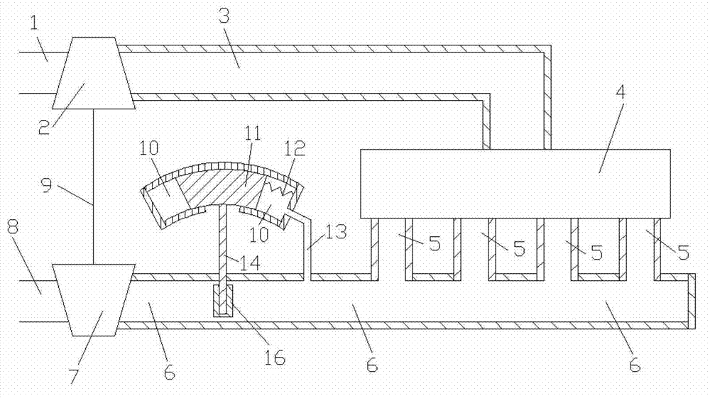 Variable air exhaust through flow area air exhaust pressure control type adjusting mechanism for turbocharged engine