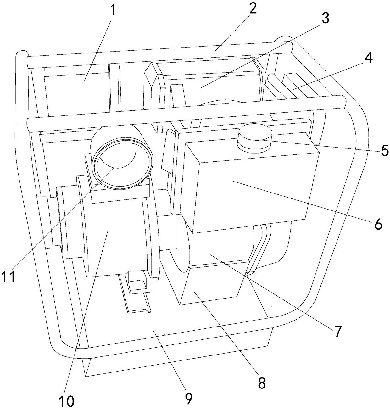 Diesel engine fire protection device with multi-damping effect and left and right shifting damping effect