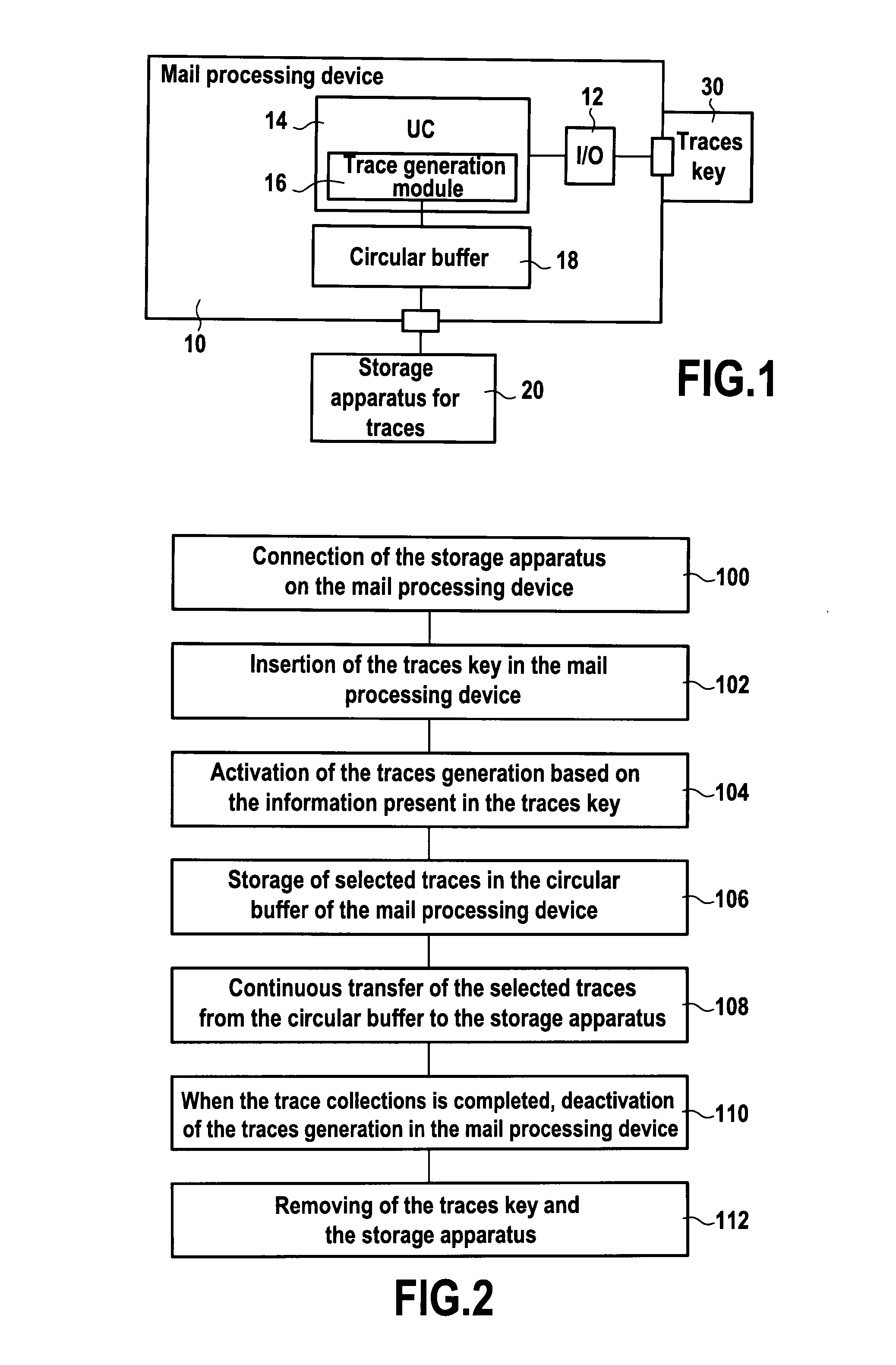 Secured management of traces in a mail processing device