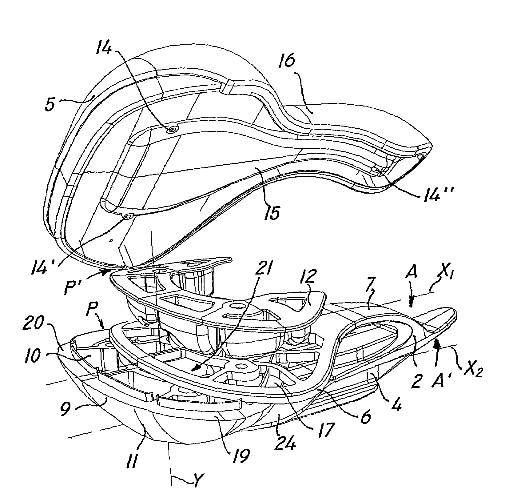 Seat structure, particularly for bicycle, having a customizable shock absorbing element between the shell
