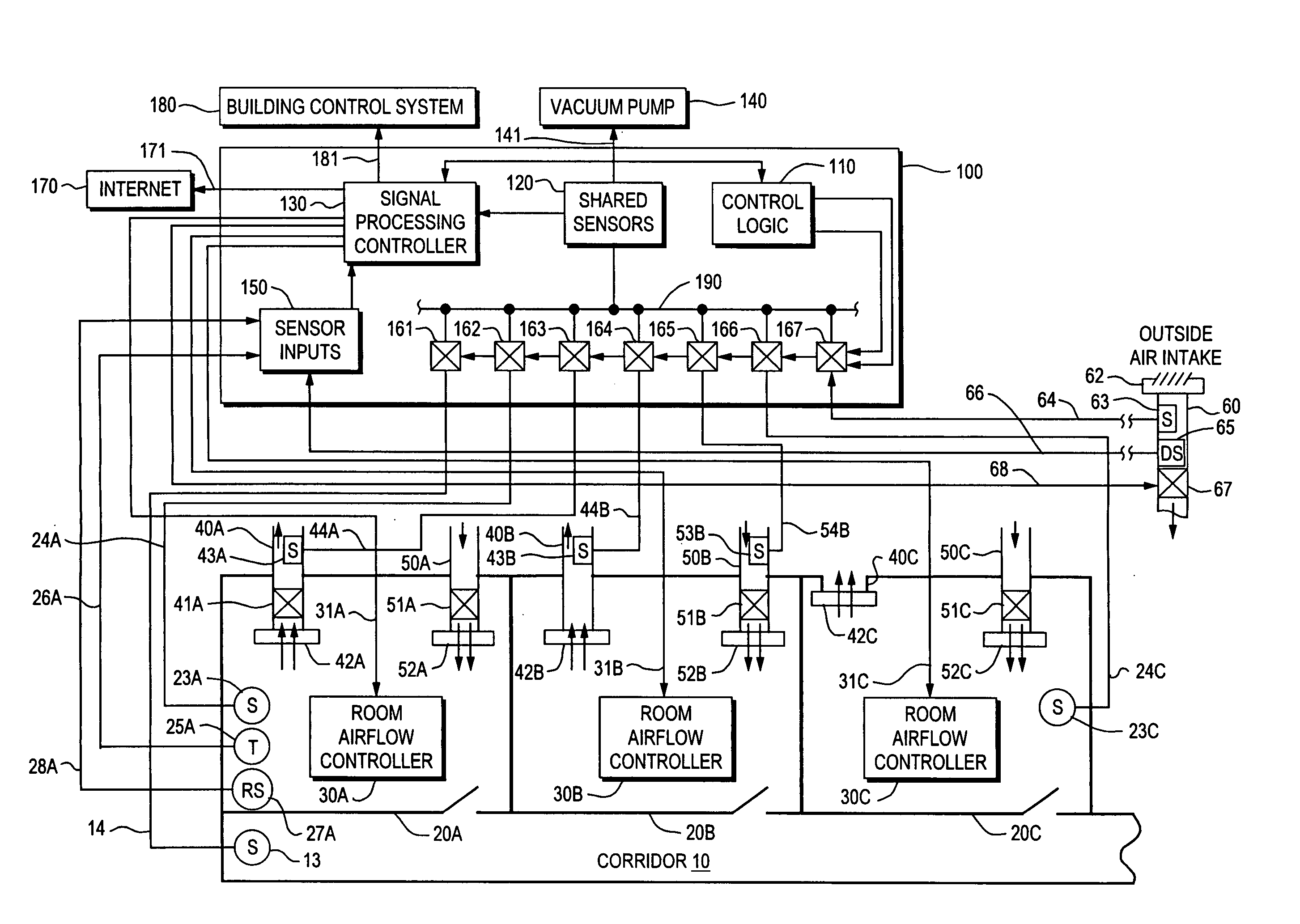 Multipoint air sampling system having common sensors to provide blended air quality parameter information for monitoring and building control