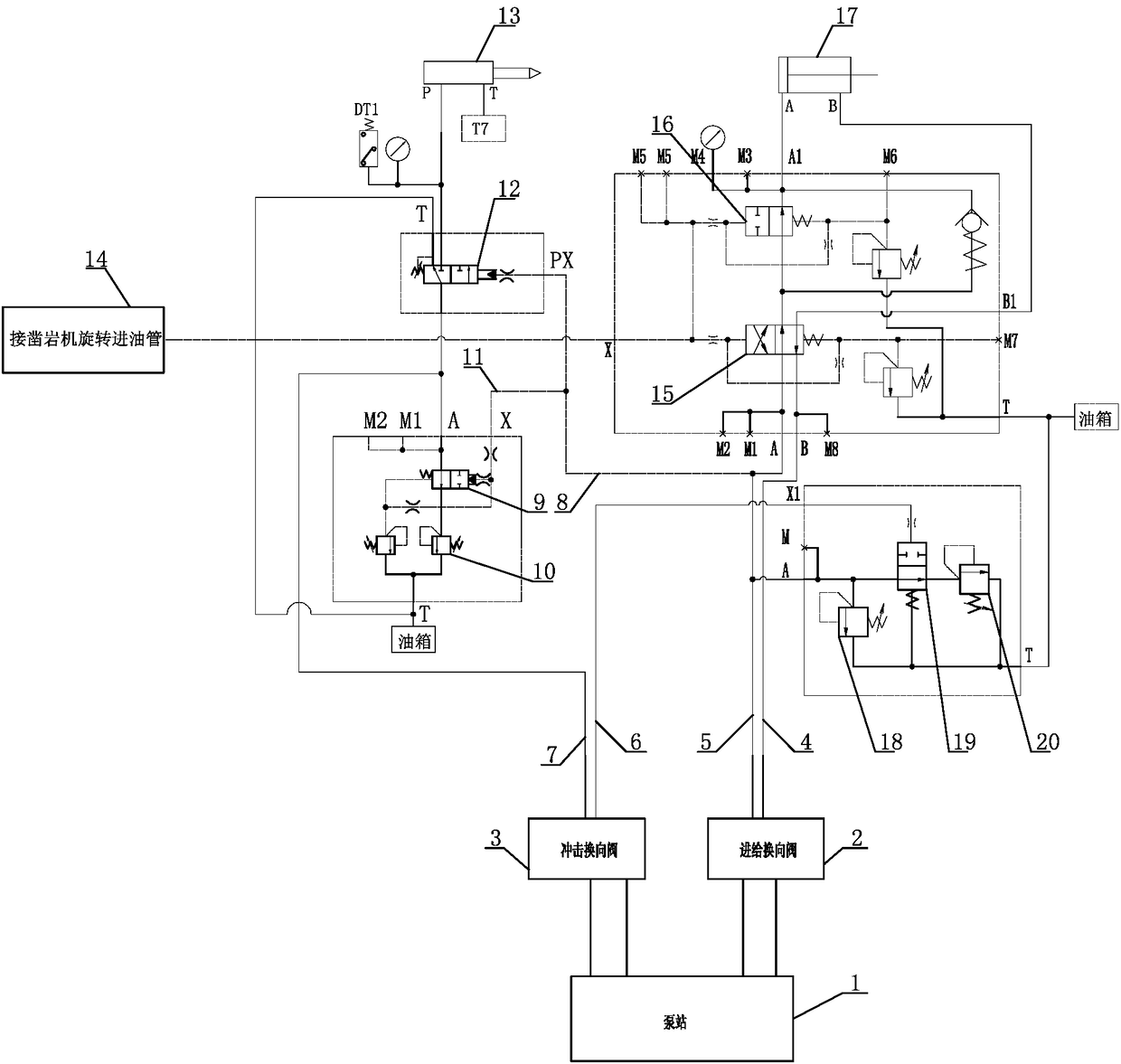 Anti-air impact hydraulic system and control method of rock drill