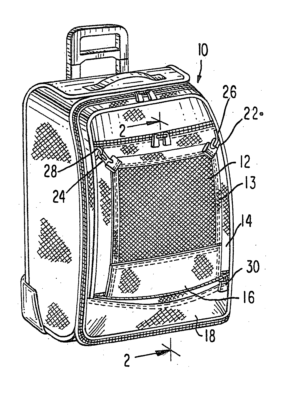 Concealable stretch panel for carrying loose items on luggage and the like