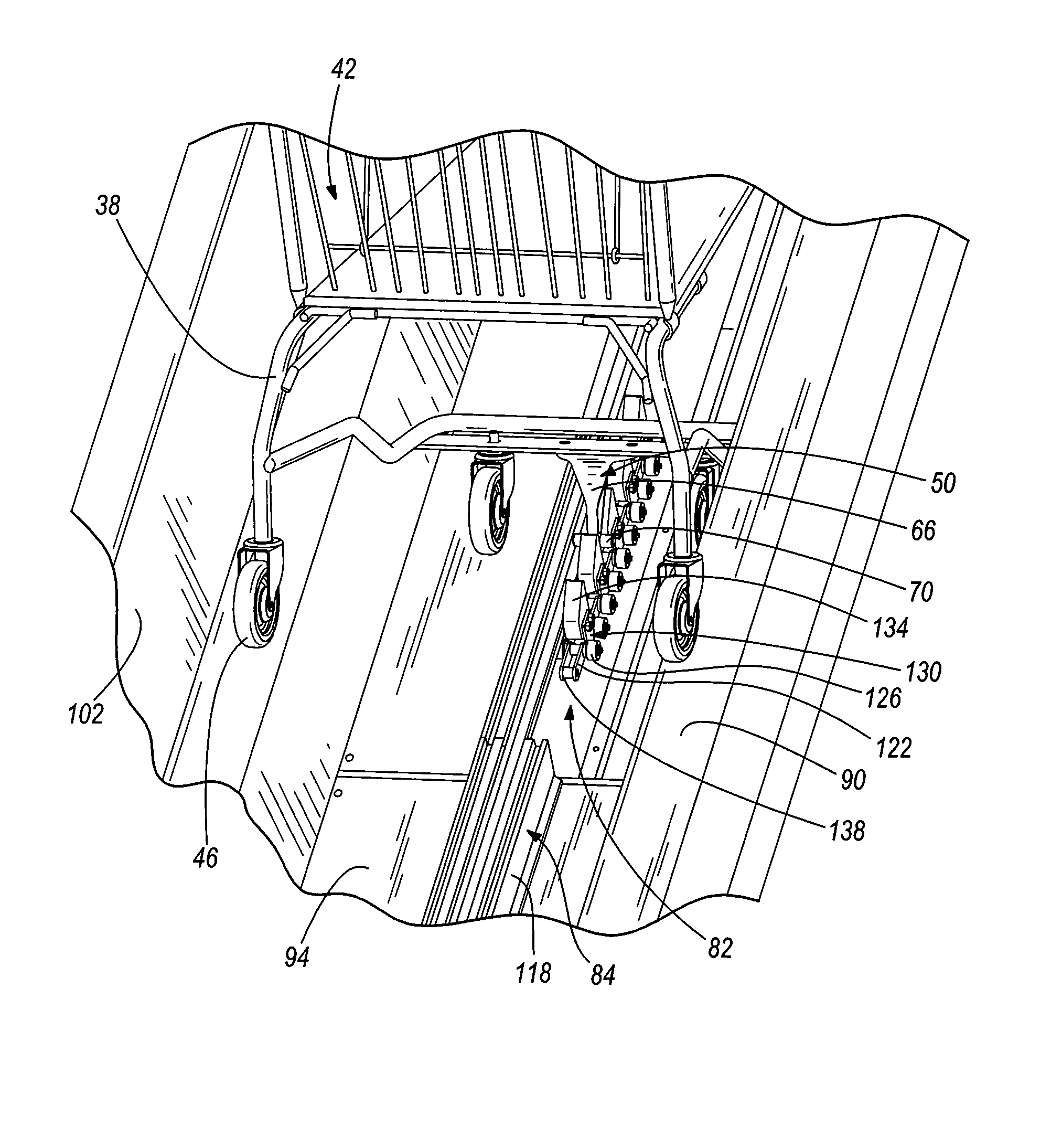 Shopping cart conveyor system with pivoting lug