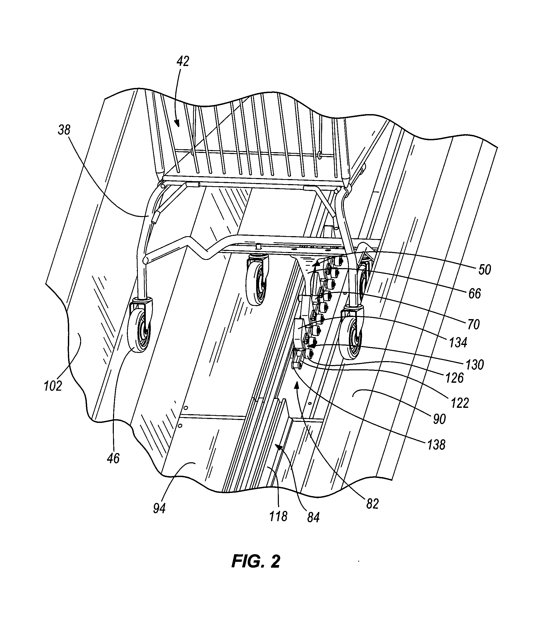 Shopping cart conveyor system with pivoting lug