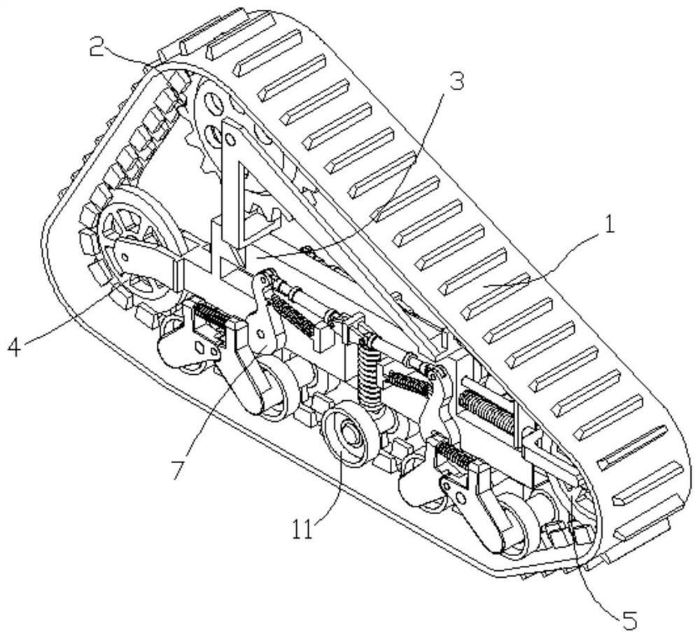 A triangular crawler type walking device with adjustable ground clearance