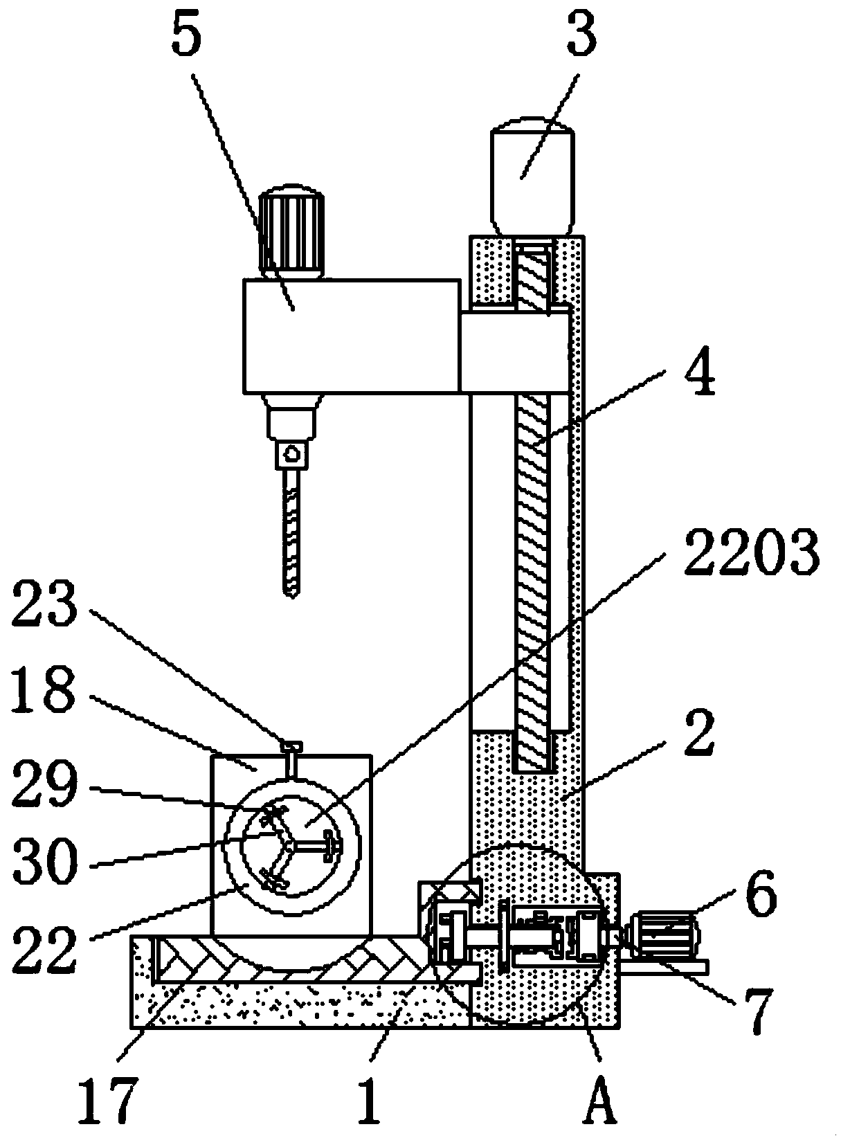 Bench drill for drilling holes in round pipe workpiece at equal intervals