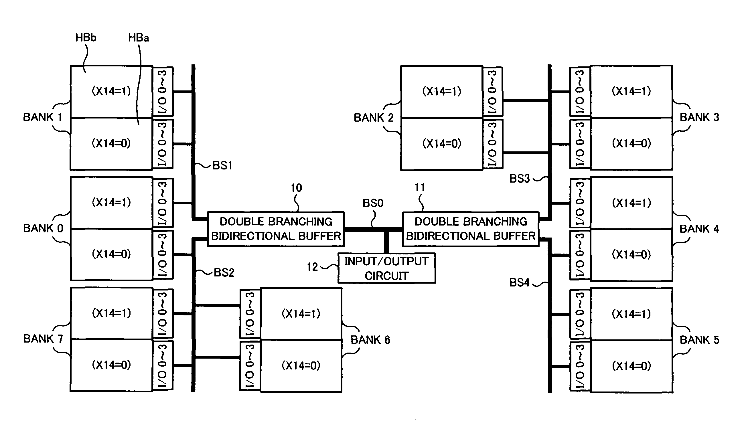 Semiconductor memory device having a double branching bidirectional buffer