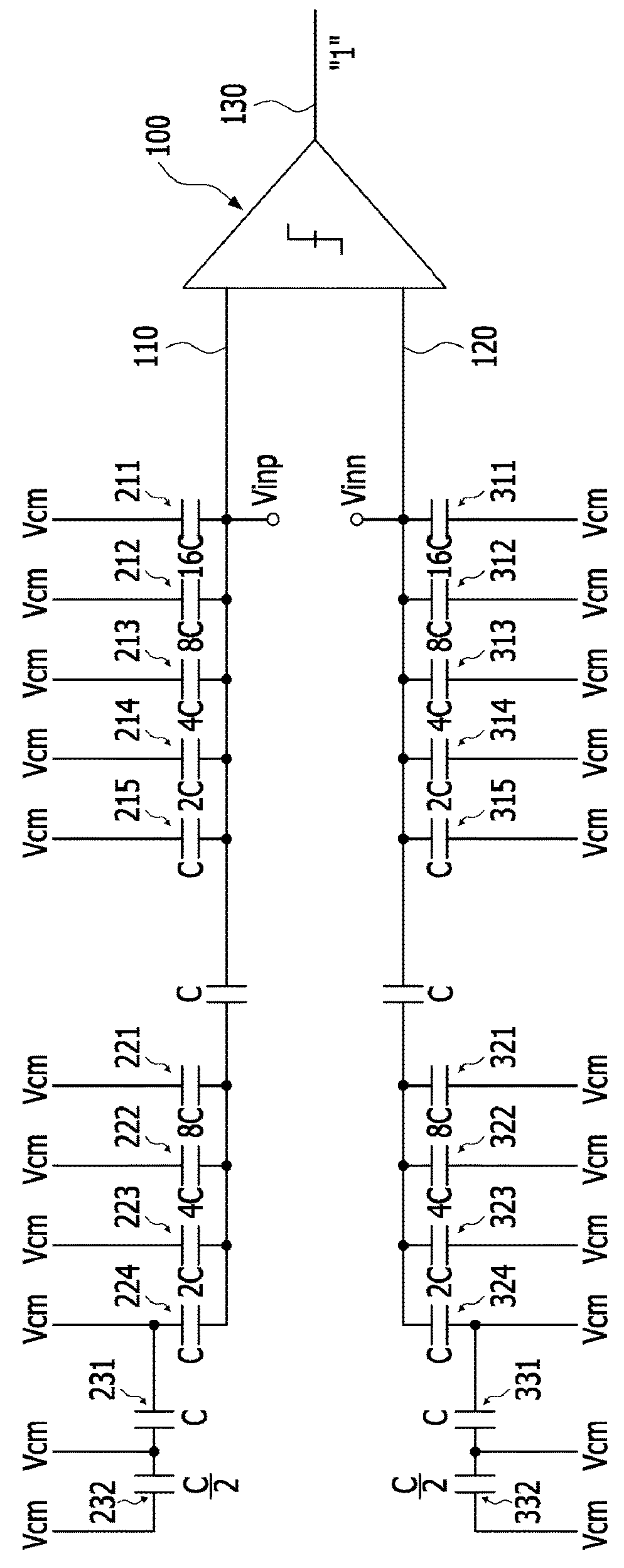Successive approximation register analog-digital converter having a split-capacitor based digital-analog converter
