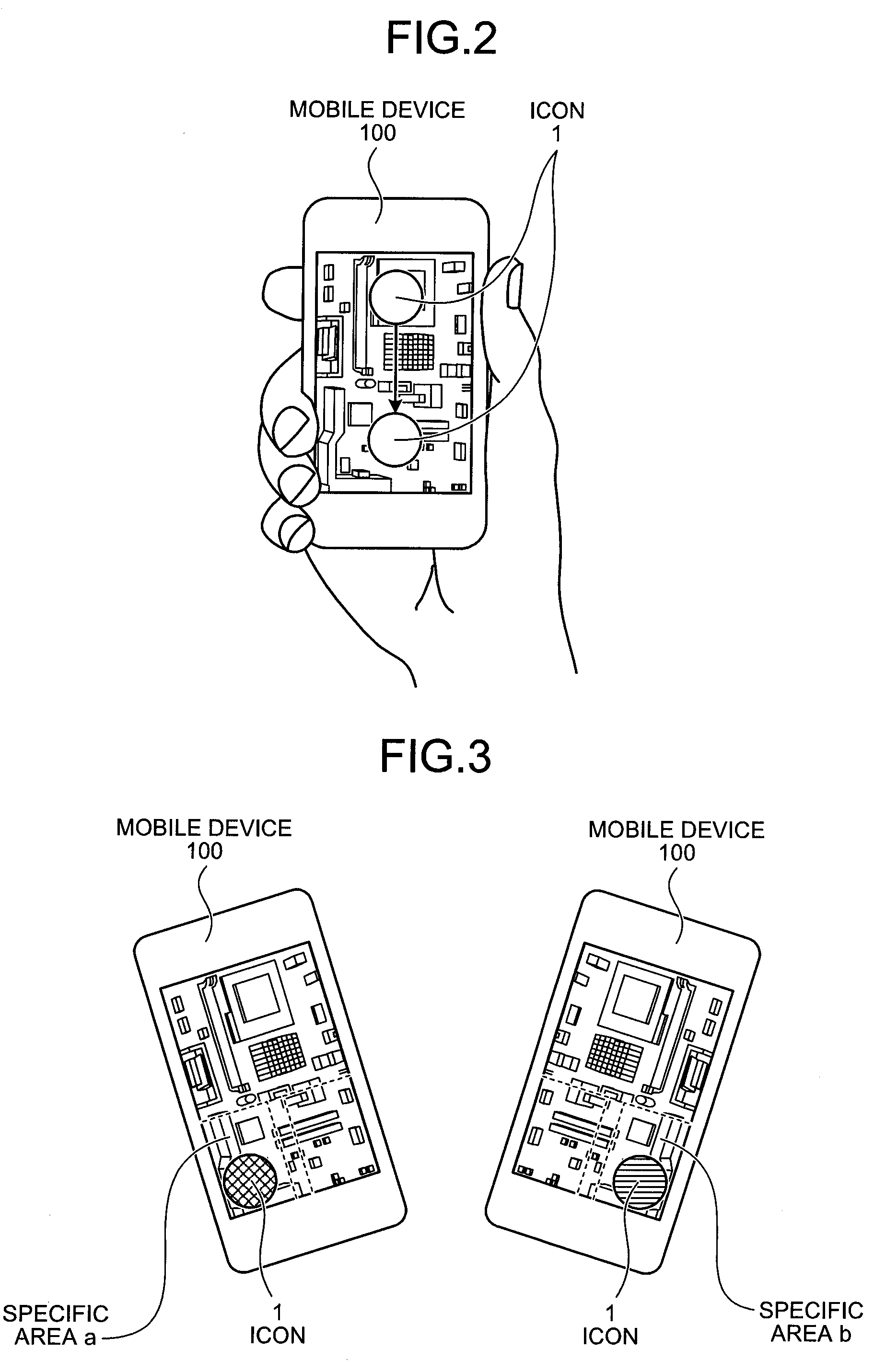 Mobile device and area-specific processing executing method