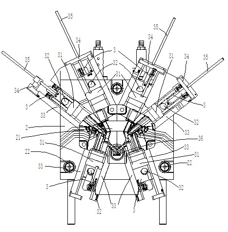 Die-casting die structure with combination of multiple angle pins and loose core for connecting pipes