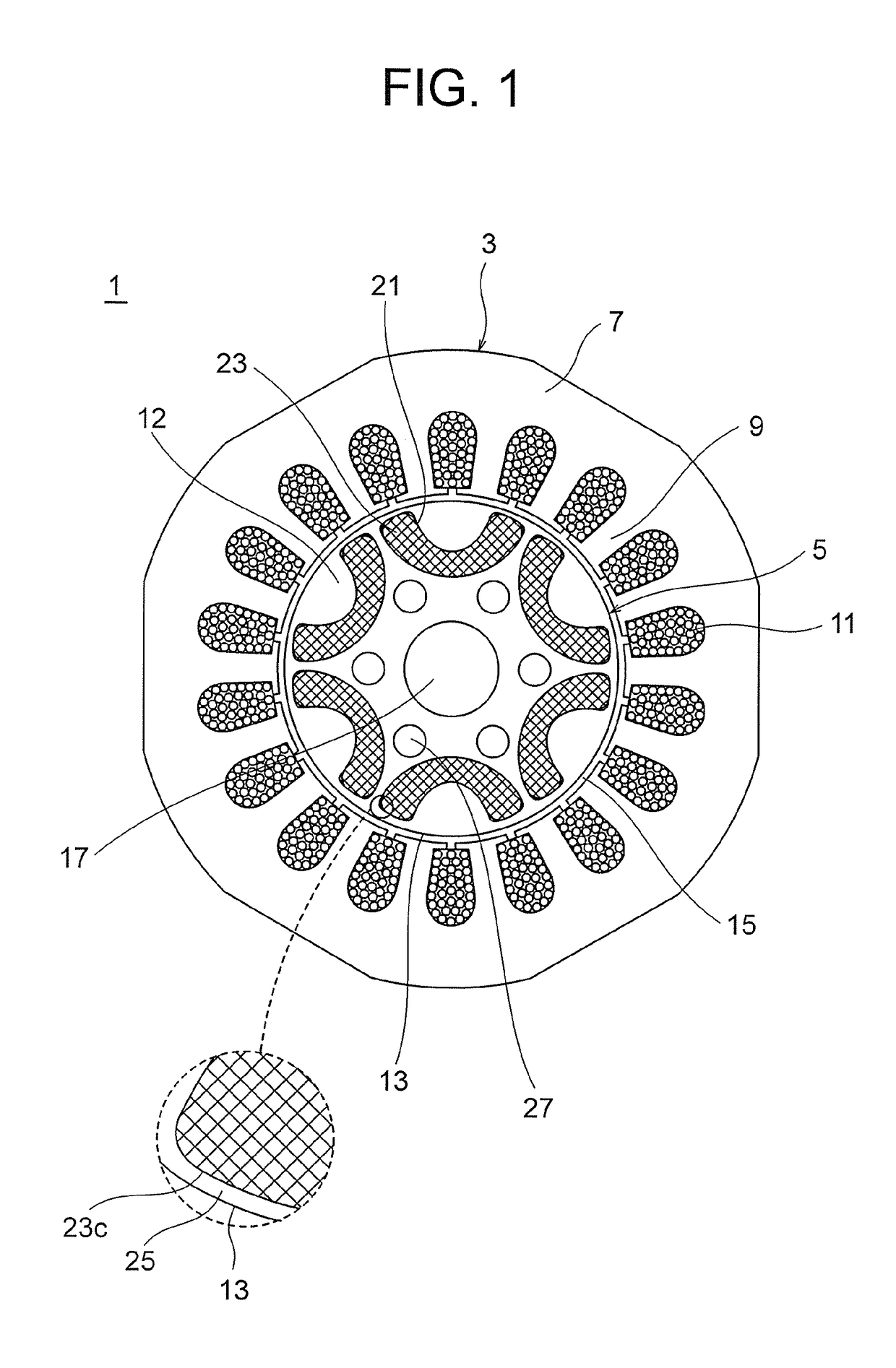 Electric motor with a permanent magnet embedded rotor with curved magnets and magnet accommodation holes of varying radiuses