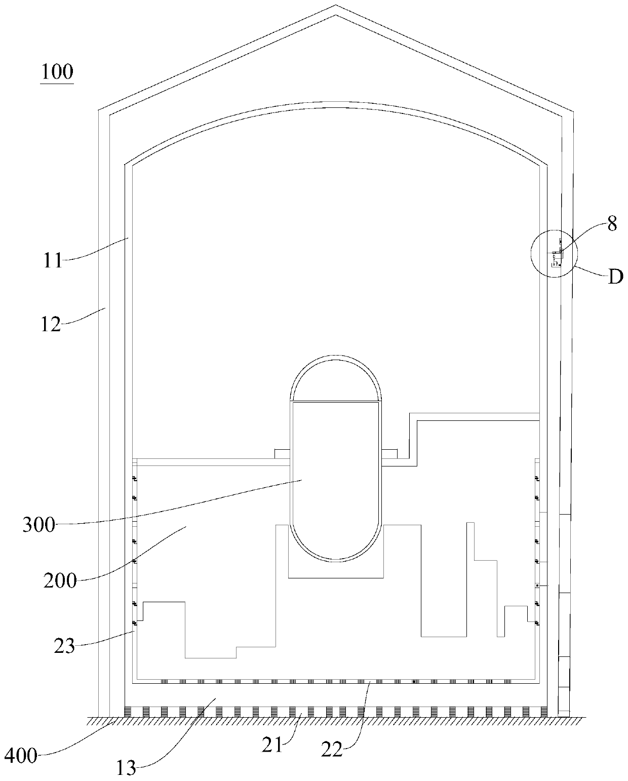 Foundation vibration isolation and three-dimensional damping structure for double-layer containment nuclear power station