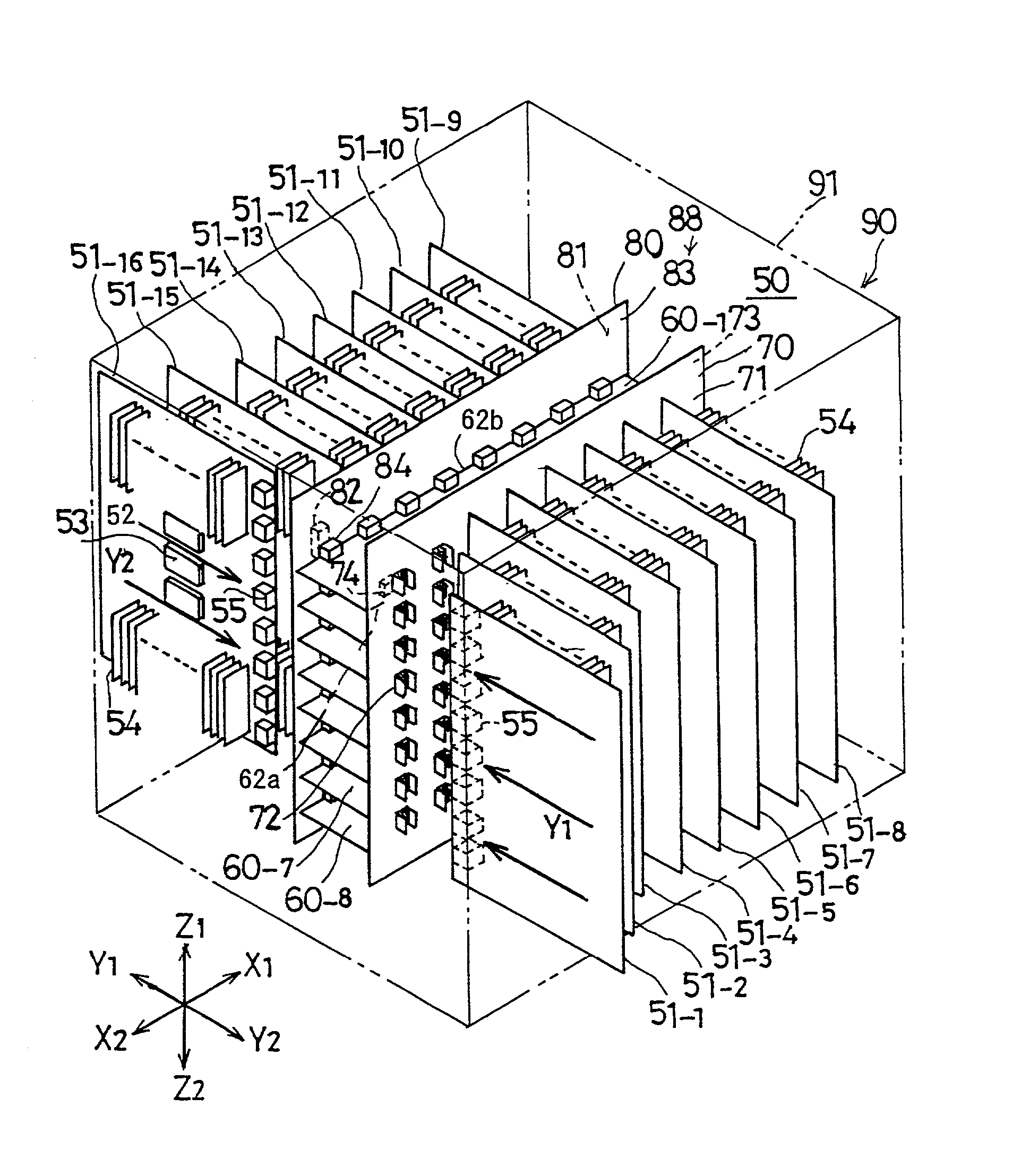 Information-processing device having a crossbar-board connected to back panels on different sides