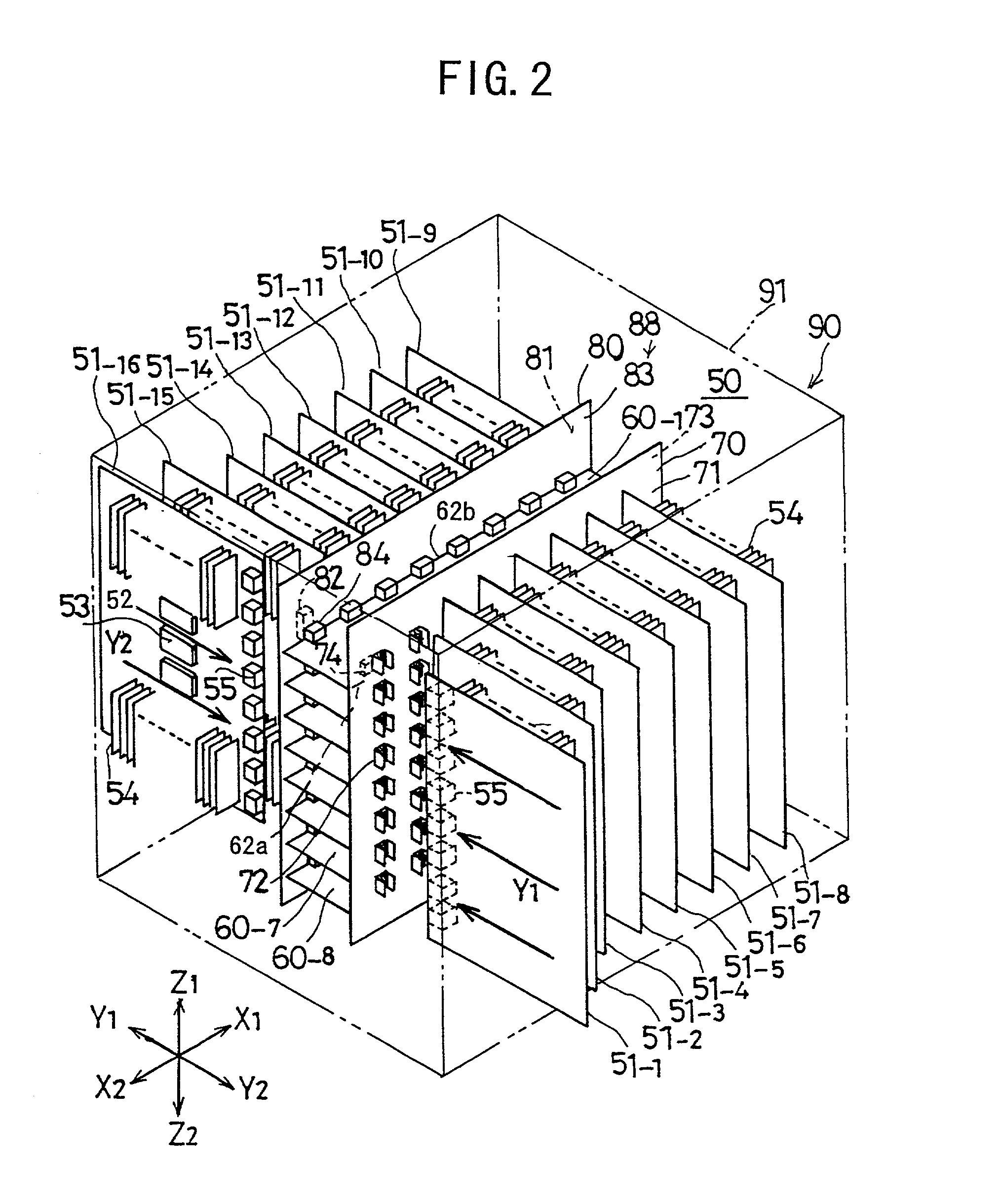 Information-processing device having a crossbar-board connected to back panels on different sides