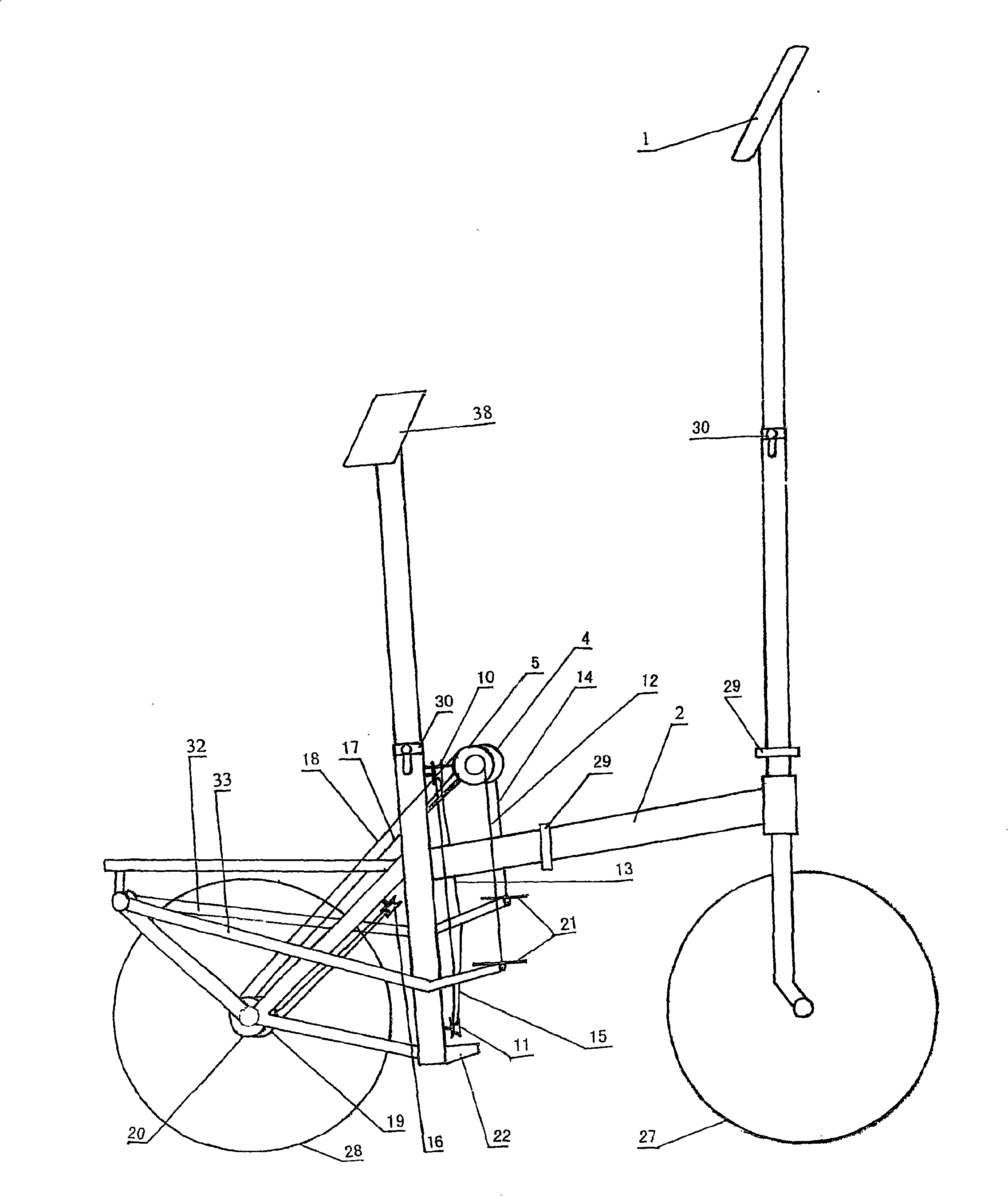 Bicycle driven by footstock lever and transmitted by rope