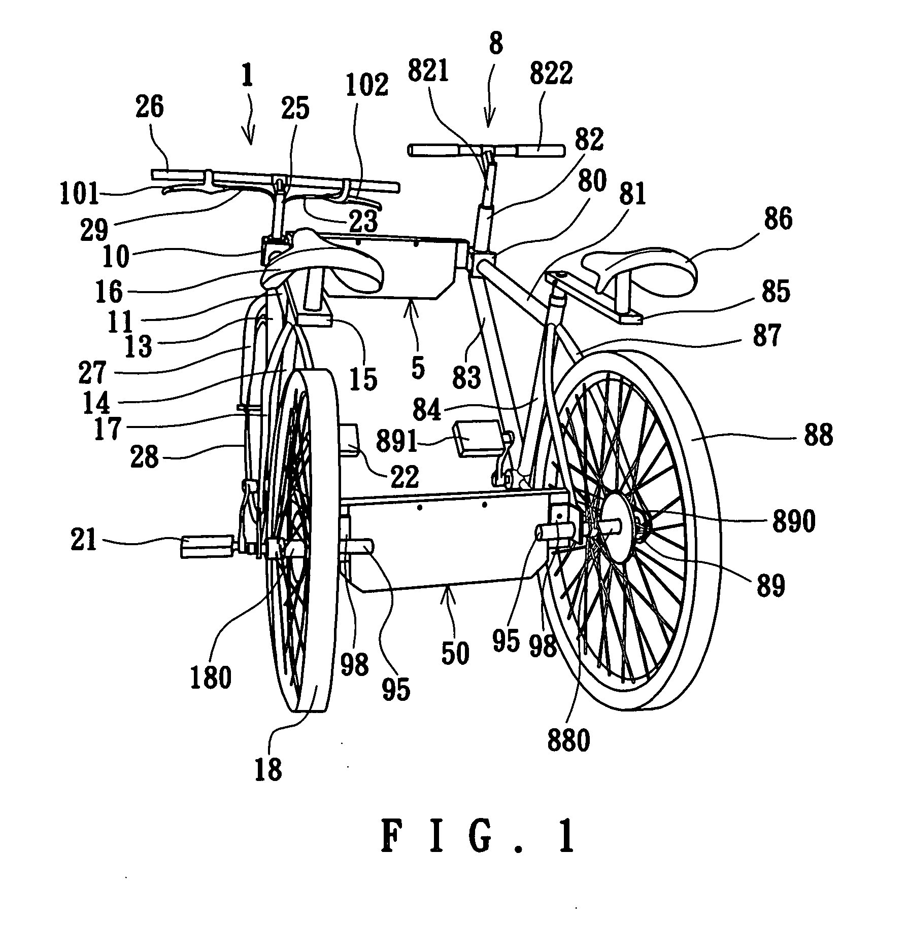 Dual riding and driving tricycle in juxtaposing link