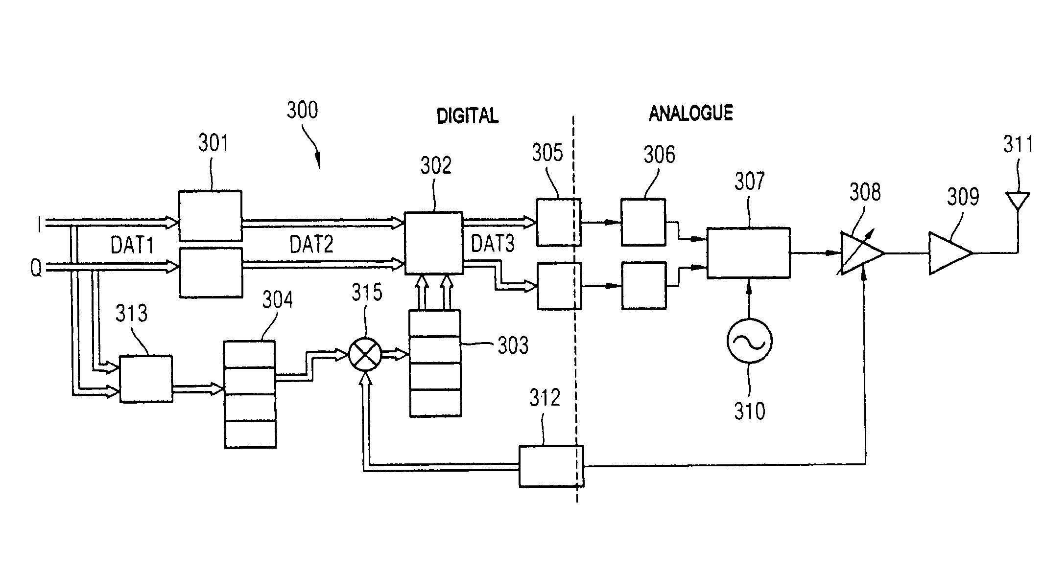 Device for processing radio transmission data with digital predistortion