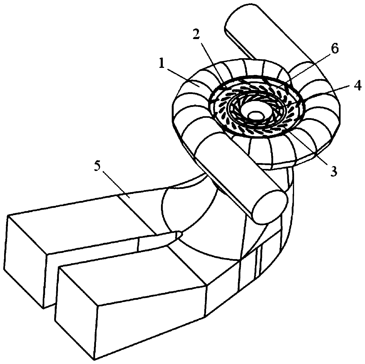 Low-specific-speed mixed-flow water turbine with double-inlet volute