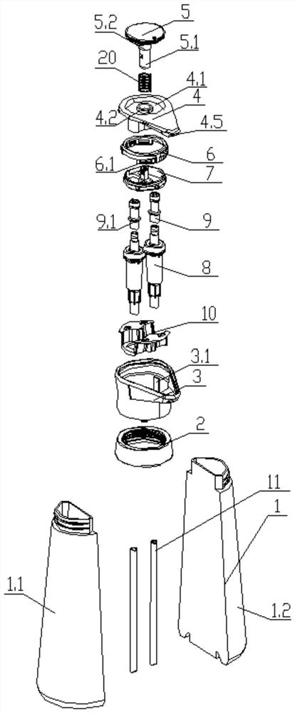 Double-pump single-outlet type emulsion packaging bottle