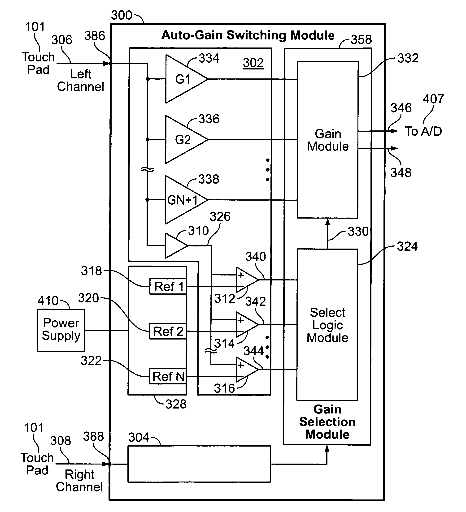 Auto-gain switching module for acoustic touch systems