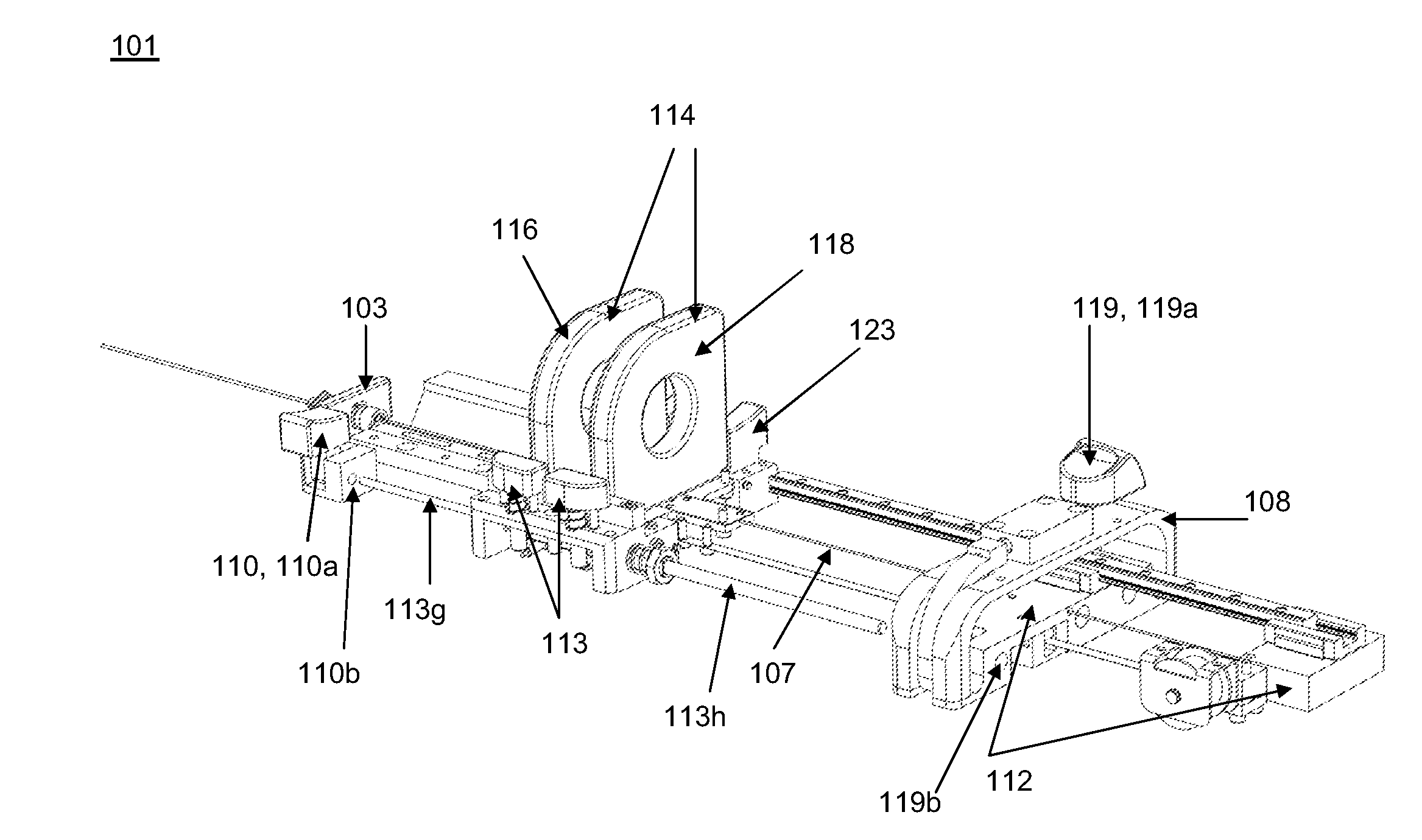 Device and system for assembling chain components to a chain containing radiation sources