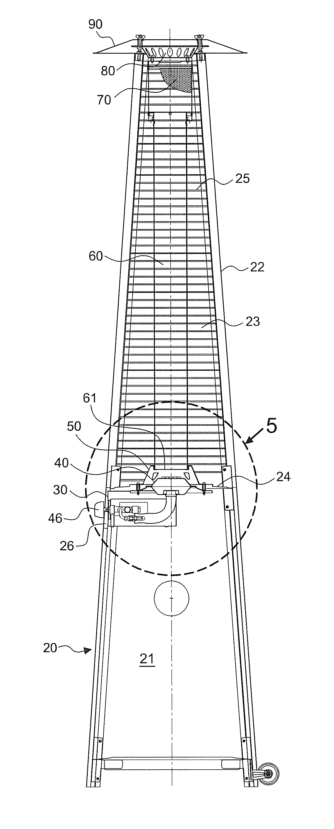 Combustion device for an outdoor flame heater