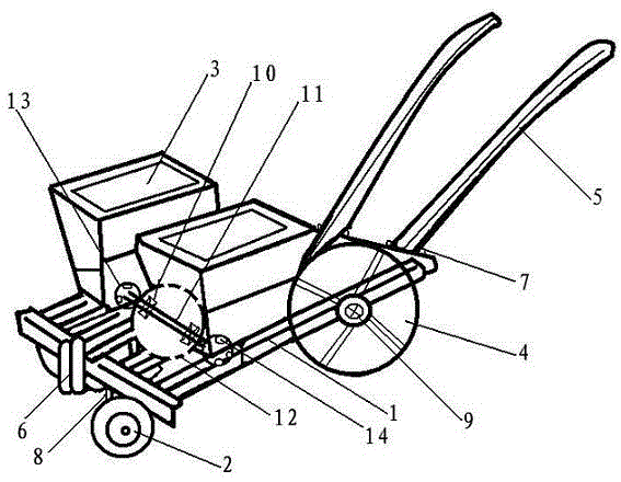 Two-row sower with rolling wheel device arranged inside