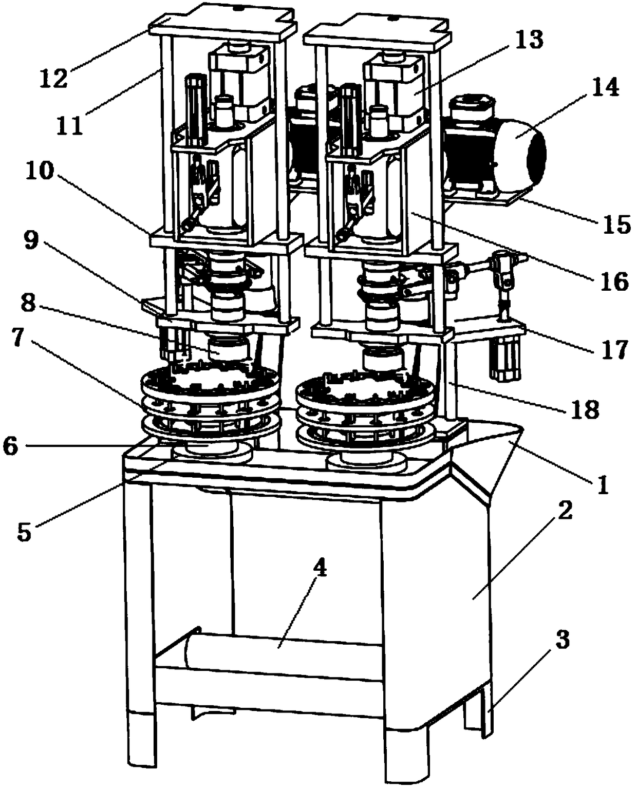 An automatic drilling machine with double turntables and double drill stands