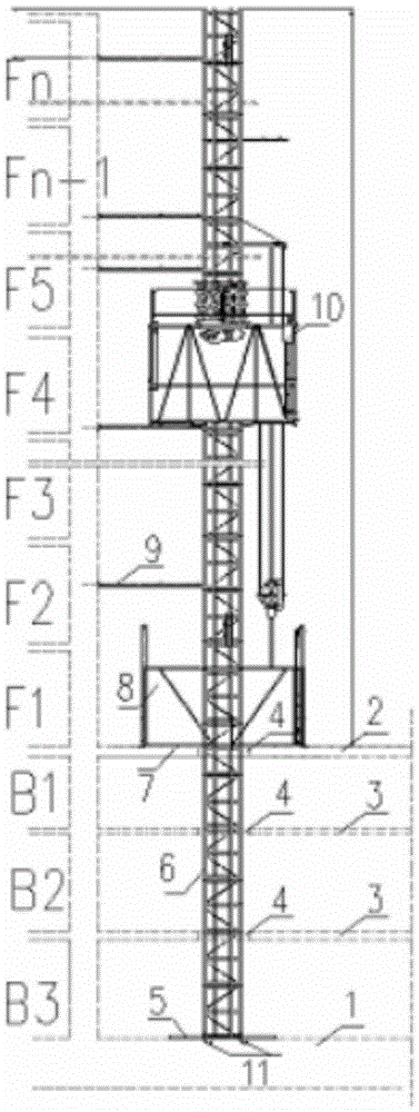 Plate penetrating installing method for installing construction lifting machine on basement top plate
