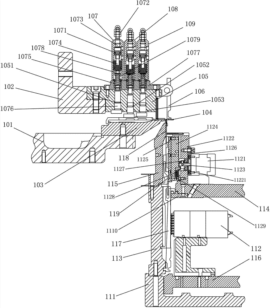 Double-faced automatic upper disk and lower disk weaving mechanism of underwear machine and pneumatic color spacing mechanism arm device