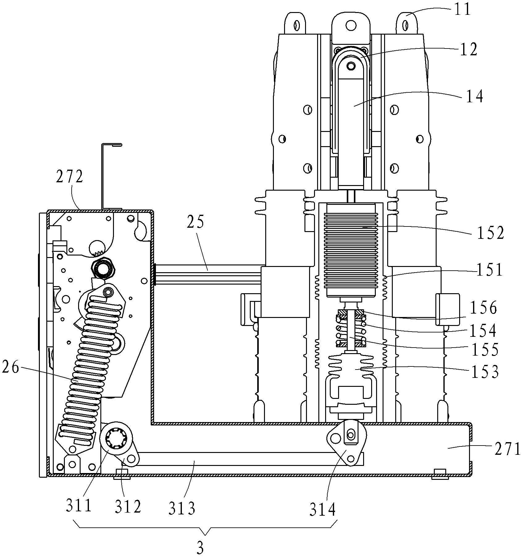 High-voltage switch with three-phase bodies in triangular distribution and high-voltage switch cabinet