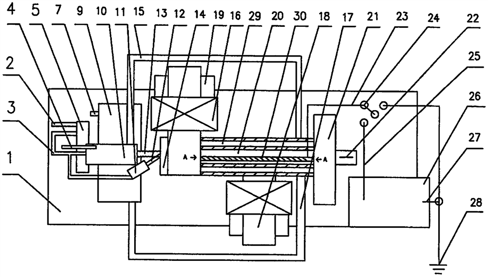 Device for producing hydrogen by pyrolyzing and electrolyzing water at high temperature in electric field space through thermal plasma torch