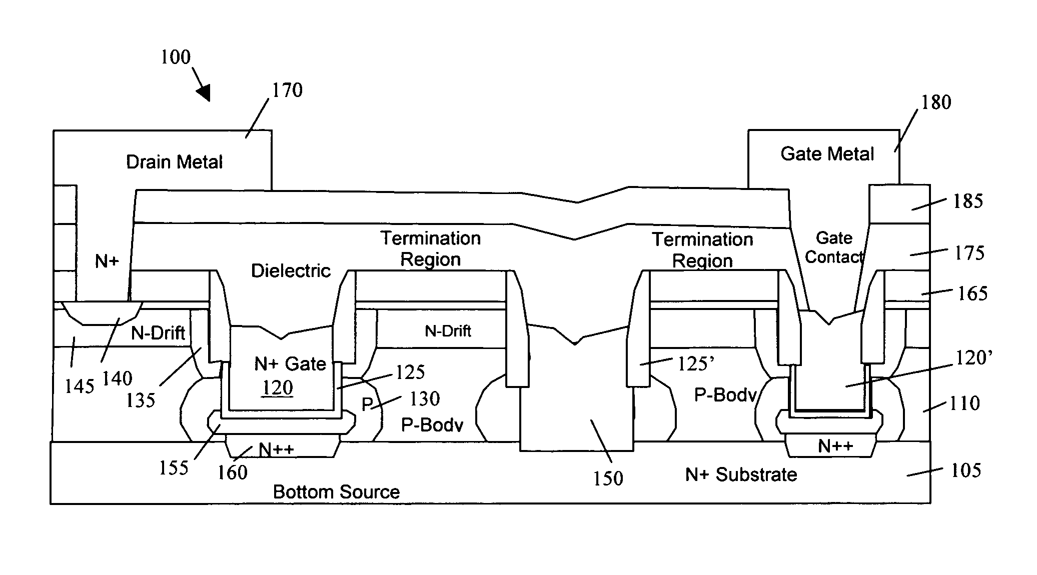 Inverted-trench grounded-source FET structure with trenched source body short electrode