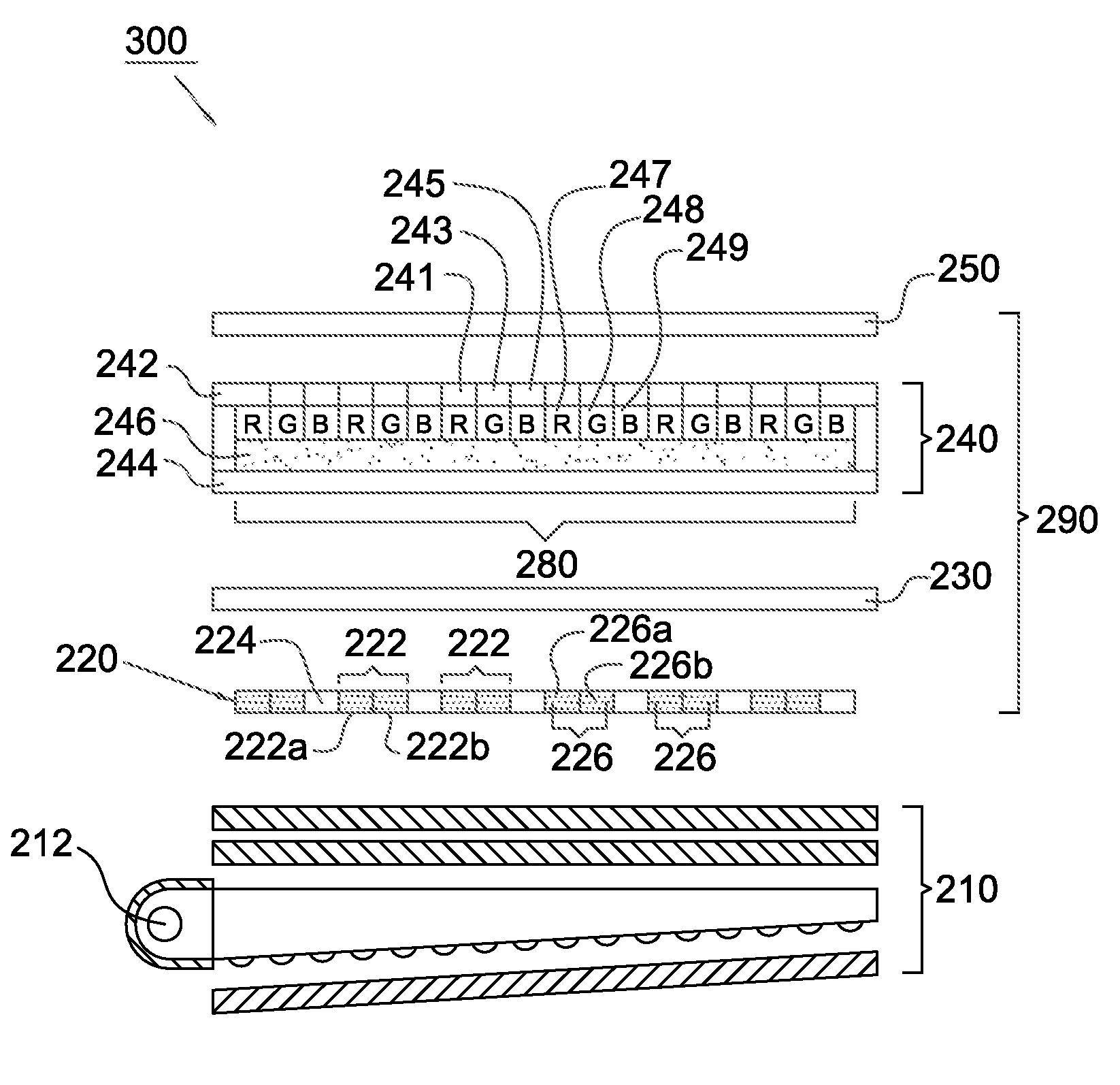 Color liquid crystal display having a blue light source and fluorescent wavelength conversion areas