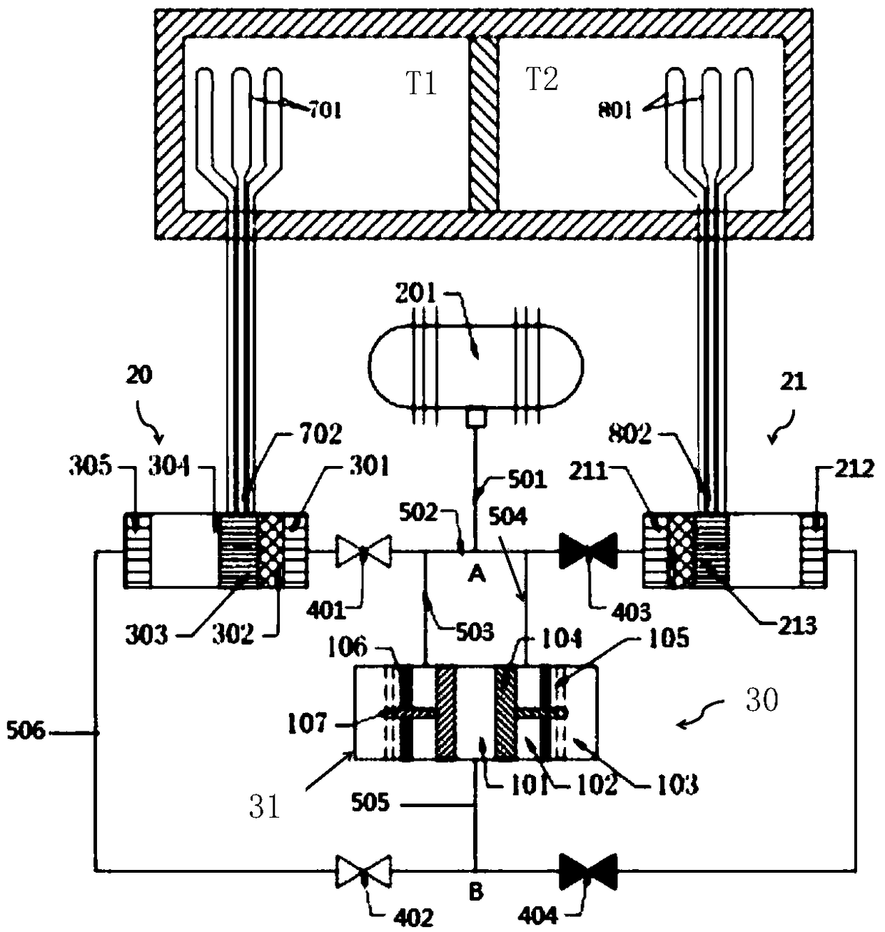 Dual-temperature-area constant-temperature tank using one-driving-two ...