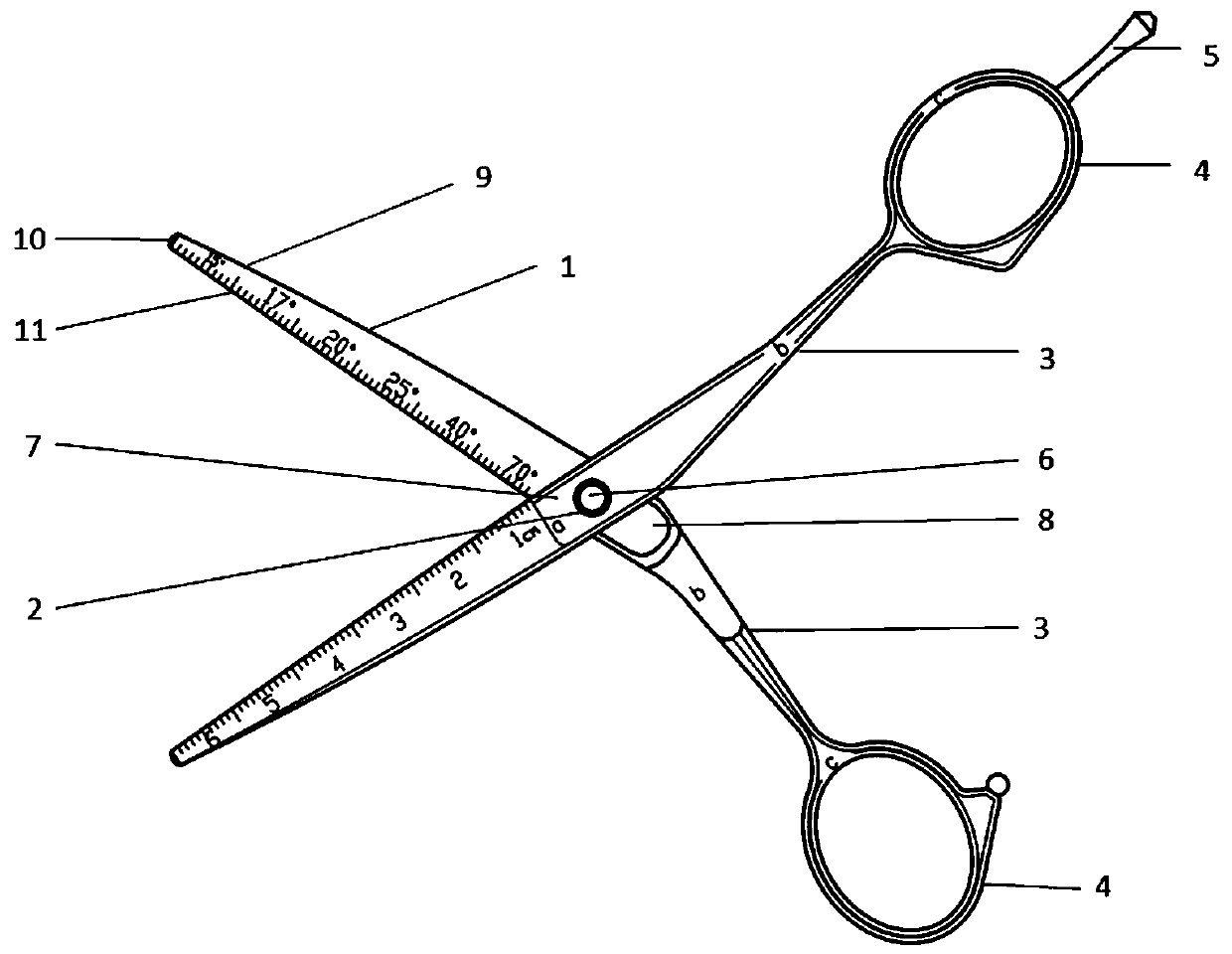 A kind of hairdressing scissors and its precise measuring and marking method
