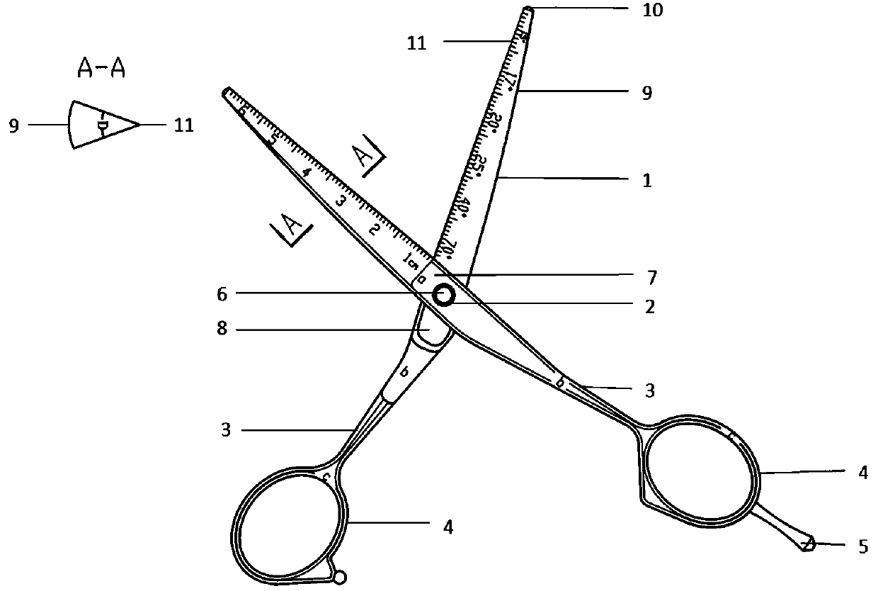 A kind of hairdressing scissors and its precise measuring and marking method