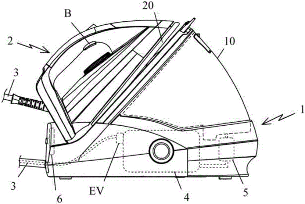 Household appliance for fabric processing with steam, equipped with control button used to control steam diffusion