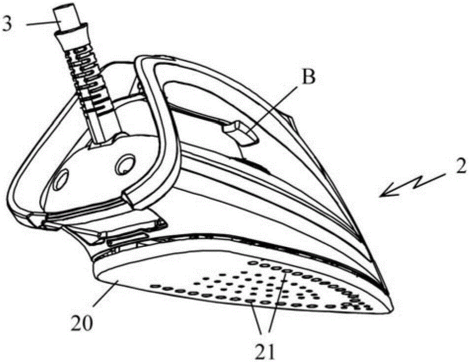 Household appliance for fabric processing with steam, equipped with control button used to control steam diffusion