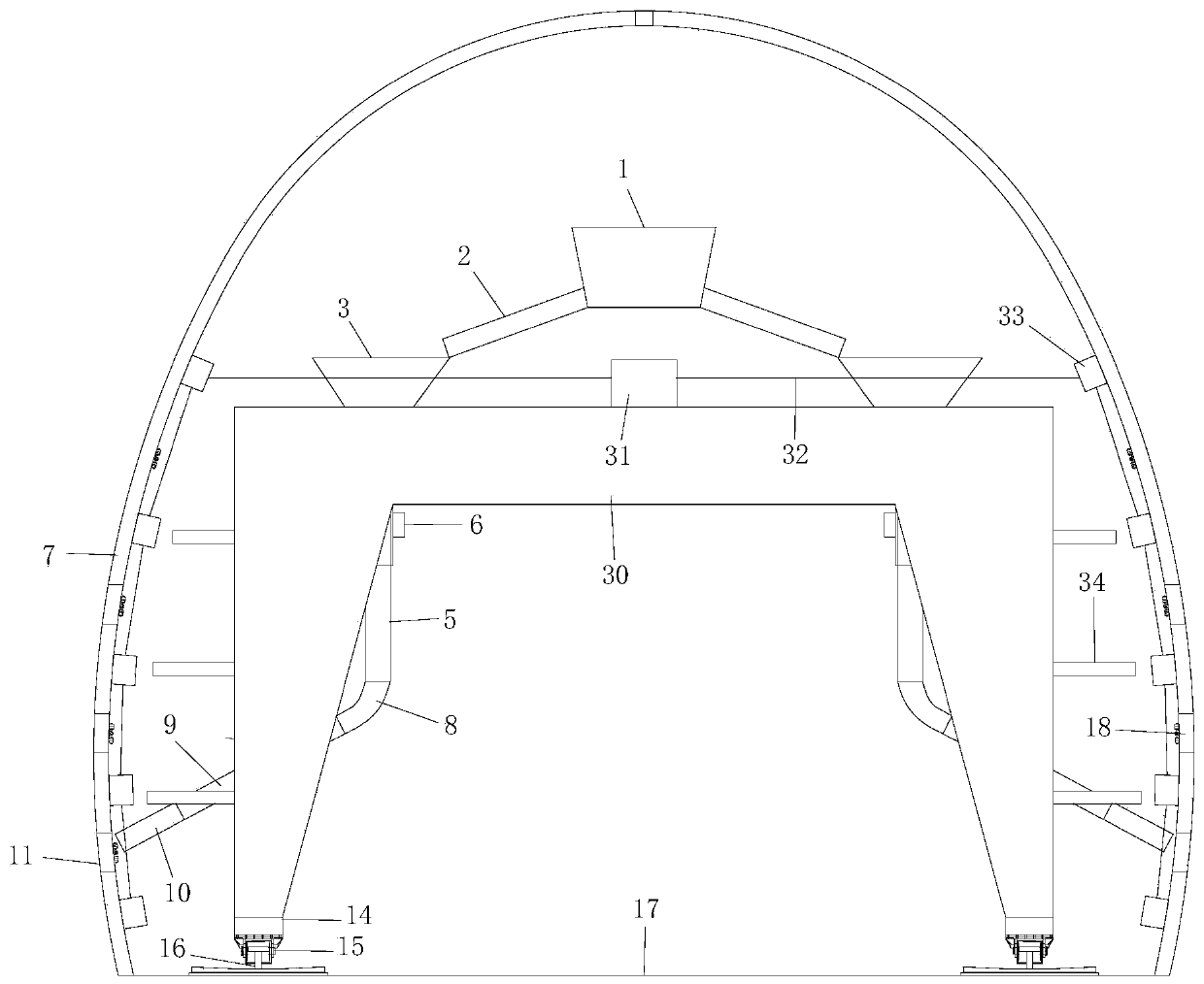 Tunnel second-lining concrete chute pouring system and construction method